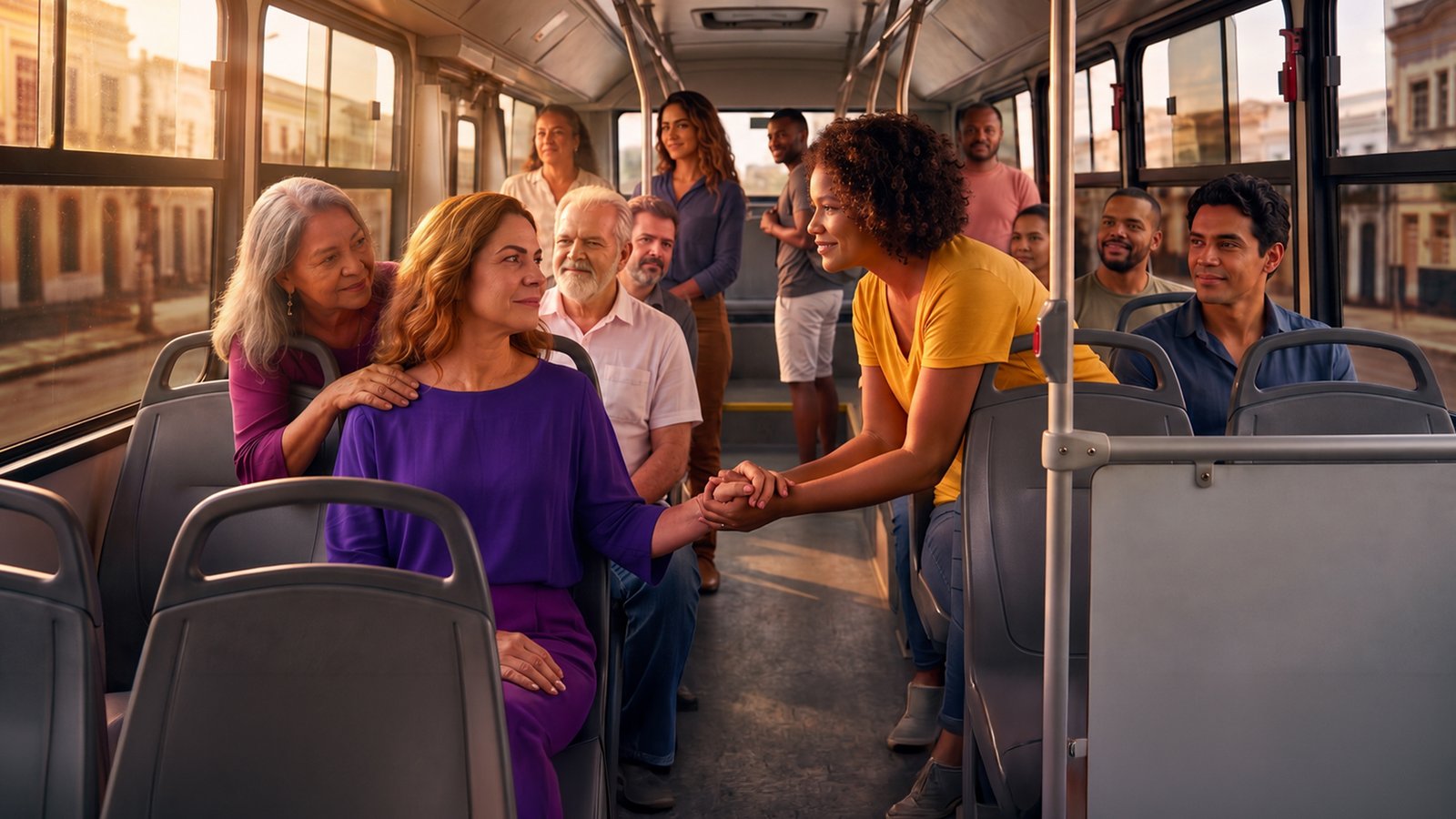 Passageiros em um ônibus urbano; uma jovem oferece apoio a uma mulher mais velha